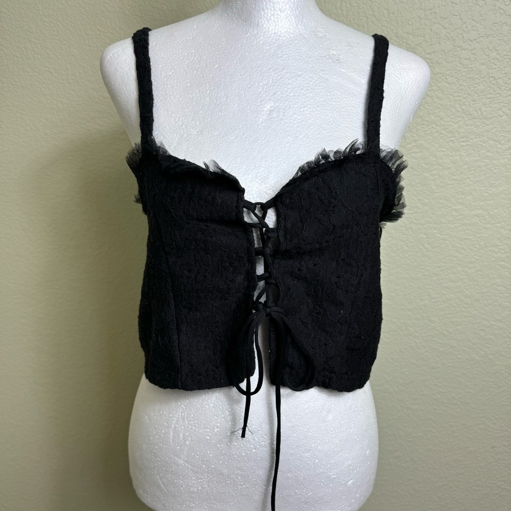 Zara Black Lace Corset Crop Top Lace‎ Up Front Tulle Trim Womens Medium NEW
